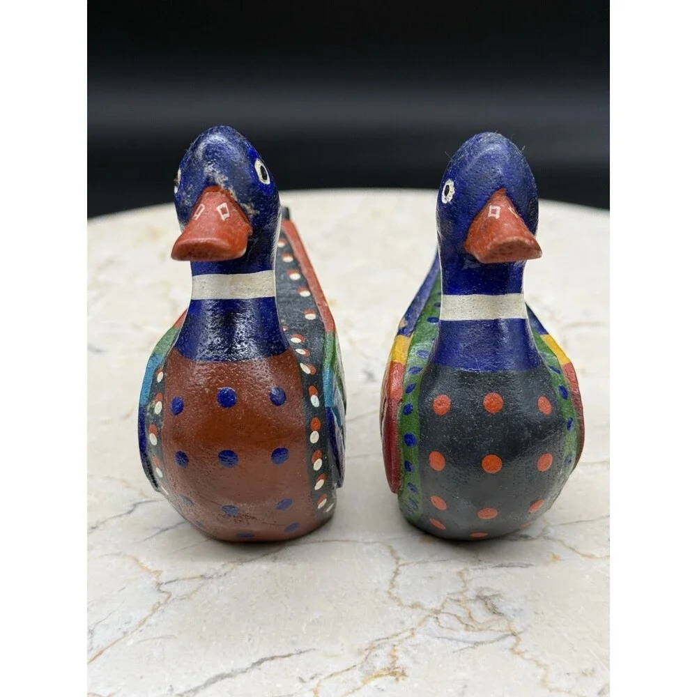 Vintage Korean Wedding Ducks Pair Hand Carved Painted Wood Folk Art 3.5”